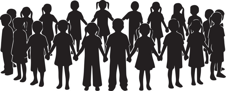 Diverse children silhouettes holding hands forming circle celebrating human rights day unity