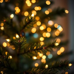 A close-up of twinkling fairy lights on a Christmas tree, creating a magical, bokeh-filled glow,  sparkle,  decoration