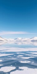 A frozen lake reflecting a crisp, clear winter sky with distant snow-capped mountains, tranquil and vast ,  mountains,  clear