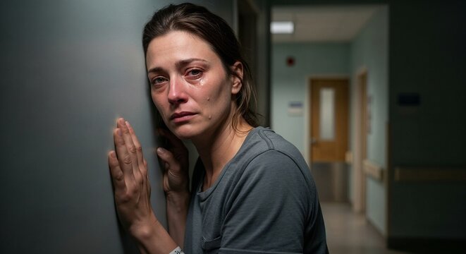 Woman crying and leaning against the wall in a hospital corridor