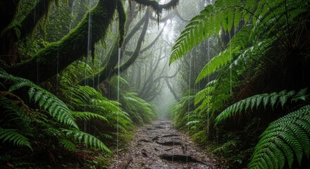 Rainy day in a lush green forest with ferns and winding path scenery