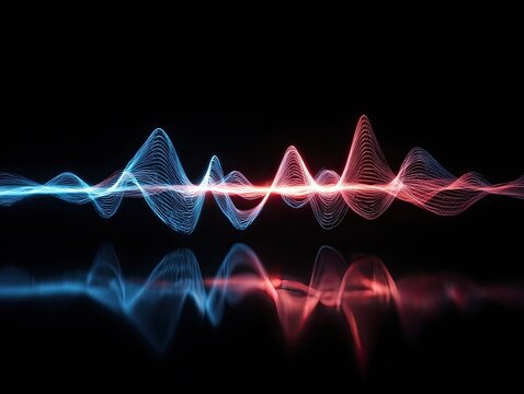 Abstract glowing blue and red wavy lines reflecting on a dark surface, visualizing sound