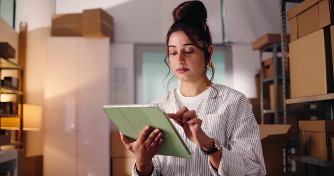Small business, online and woman on tablet for shipping, supply chain and inventory for delivery. Startup, ecommerce and person on digital tech for distribution, logistics or stock checklist at night - Powered by Adobe