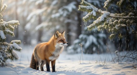Red fox in snowy forest landscape during winter season wildlife scene