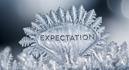 expectation word carved in ice and frost for winter holiday website banner, motivation presentation background, or financial news editorial graphic and blog header