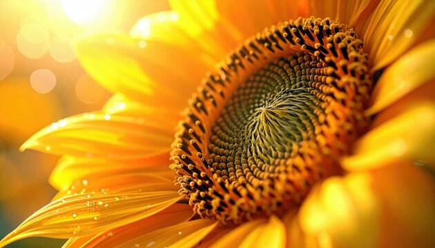 A detailed, macro view of a bright yellow sunflower's center and petals, glistening with water droplets under the sun. - Powered by Adobe