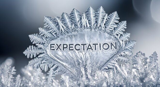 expectation word carved in ice and frost for winter holiday website banner, motivation presentation background, or financial news editorial graphic and blog header