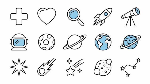 Collection of Doodle Space Icons and Elements on White Background Exploring the Cosmos and Scientific Discovery