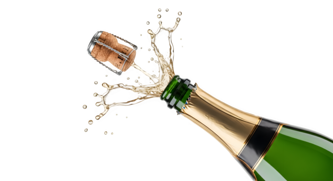 Champagne bottle popping open with cork flying and liquid spraying