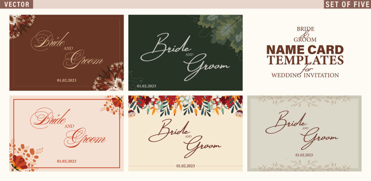 Bride and Groom Name Card Templates. Set of Five floral ornate  cards in Fall colors with place for Names and event date. 