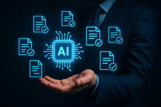 Artificial intelligence approval system concept with businessman holding holographic AI processor document validation and automation technology