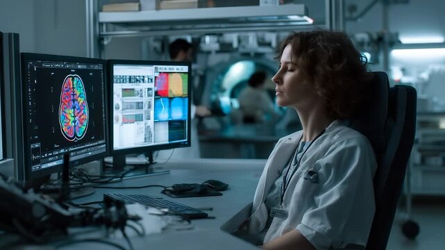 Doctor woman reviews brain analysis on monitor in lab. Scientist uses technology for healthcare research. Woman studies data for brain research. Healthcare lab shows monitor brain images for analysis. - Powered by Adobe