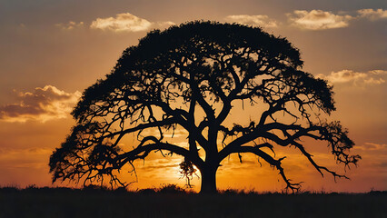 Leafless Tree Silhouette at Sunset – Serene Savanna Landscape with Vibrant Sky and Natural Beauty Elements, 4K image 