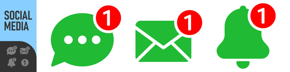 Set of notification icons for email, bell, and chat message with red alert or notification badge (number one). Perfect for new messages, alerts, and updates, social media, communication icons