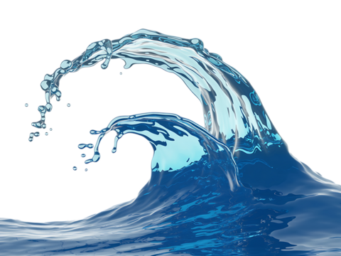A dynamic blue wave crashes and splashes, isolated on a clean transparent background, capturing the power of water