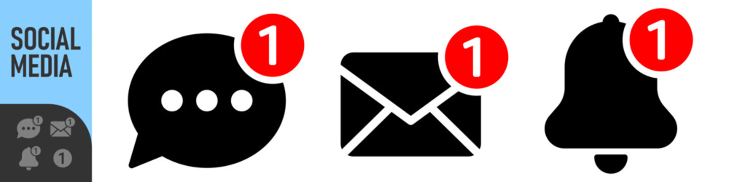 Set of notification icons for email, bell, and chat message with red alert or notification badge (number one). Perfect for new messages, alerts, and updates, social media, communication icons