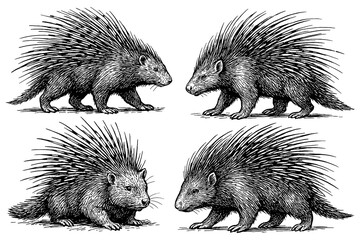 Porcupine poses with bristling quills in detailed pen sketch style, Transparent Background