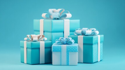 Obraz premium Elegant gift boxes wrapped in decorative paper and ribbons isolated on clean blue background for festive celebration, holiday present concepts, minimalist packaging design and creative seasonal greeti