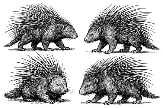 Porcupine poses with bristling quills in detailed pen sketch style, Transparent Background