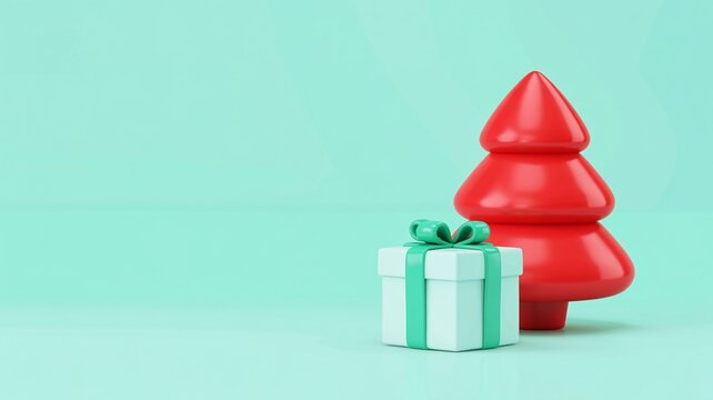 Minimalist red Christmas tree with gift box 3D render