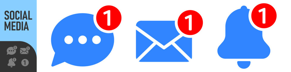 Set of notification icons for email, bell, and chat message with red alert or notification badge (number one). Perfect for new messages, alerts, and updates, social media, communication icons