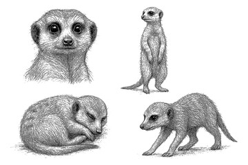 Meerkat sketches in realistic vintage engraving style with multiple poses, Transparent Background