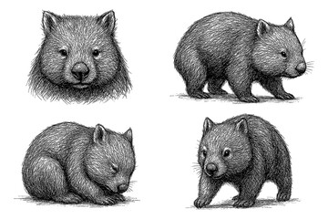 Wombat sketches in detailed vintage engraving style with multiple poses, Transparent Background