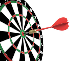 Red dart hitting the bullseye on a dartboard, isolated on transparent background