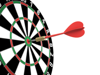 Red dart hitting the bullseye on a dartboard, isolated on transparent background