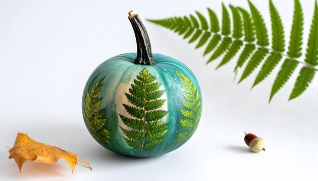 Creative hand-painted blue pumpkin with green fern leaf imprints for autumn and Halloween decoration. - Powered by Adobe