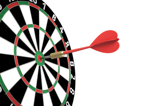 Red dart hitting the bullseye on a dartboard, isolated on transparent background