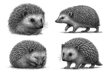 Hedgehog sketches in realistic vintage engraving style with various poses, Transparent Background