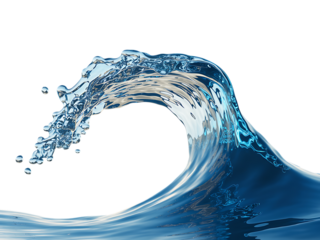 A dynamic blue wave cresting and splashing, isolated on a clean transparent background, representing motion and nature