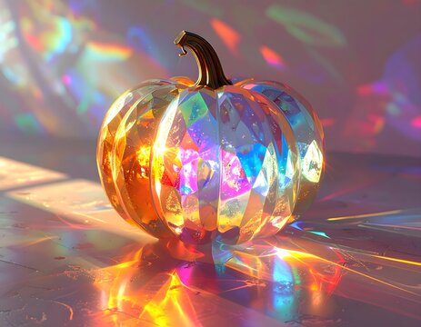 Iridescent glass pumpkin casting vibrant rainbow light and colorful reflections.
