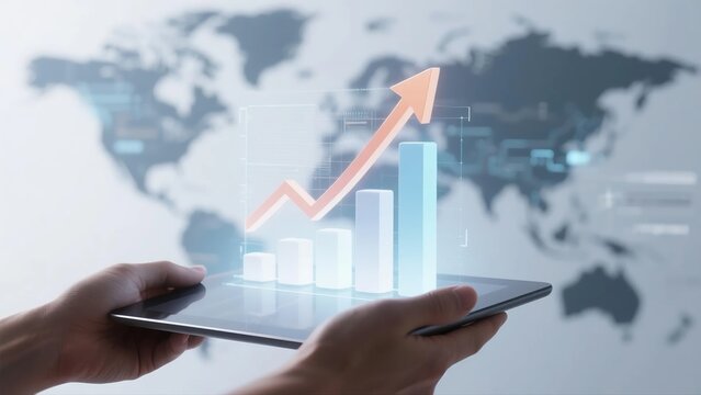 Tablet with rising chart and world map background