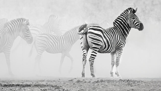 Side view of a dazzle of zebra (equus quagga) walking in the dusty plains, Kruger National Park, South Africa