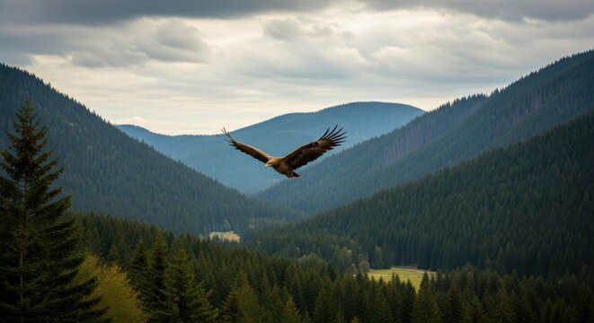 Eagle Flying High Above Forested Valley - Powered by Adobe