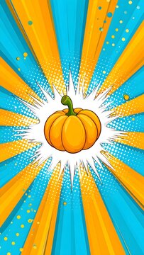 Vibrant pop art illustration of a pumpkin with a comic book style background.