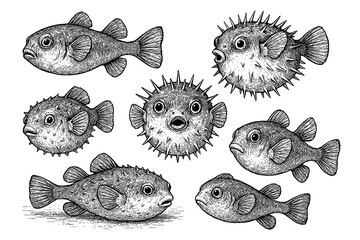 Pufferfish set with spiky and smooth bodies in pen sketch style, Transparent Background © FriskySloths