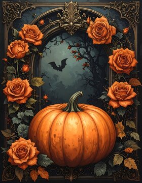 Elegant Gothic Halloween Pumpkin Framed by Orange Roses and a Bat.