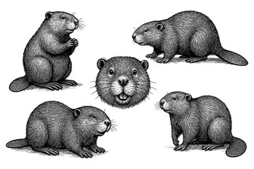 Beaver poses and face in detailed pen sketch style, Transparent Background © FriskySloths