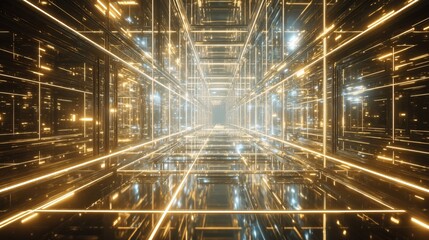 Futuristic robotic tunnels glowing AI grids