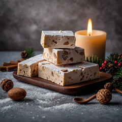 Cubos de turr&oacute;n de almendra apilados junto a vela encendida y especias navide&ntilde;as