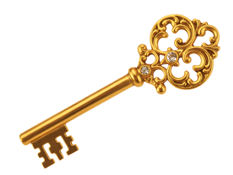 Ornate antique golden key with gemstones, isolated on transparent background