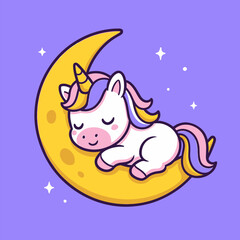 Adorable Cartoon Unicorn Napping Peacefully on a Golden Crescent Moon.
