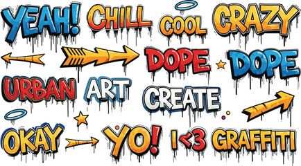 Illustration of graffiti elements collection of urban art design with lettering, arrows, and stars cool, crazy, dope, create, okay, and graffiti words