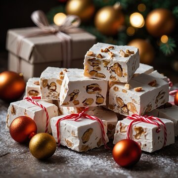 Pila de turrones de almendra atados con lazo rojo junto a regalos y bolas doradas &mdash; bodeg&oacute;n festivo de Navidad