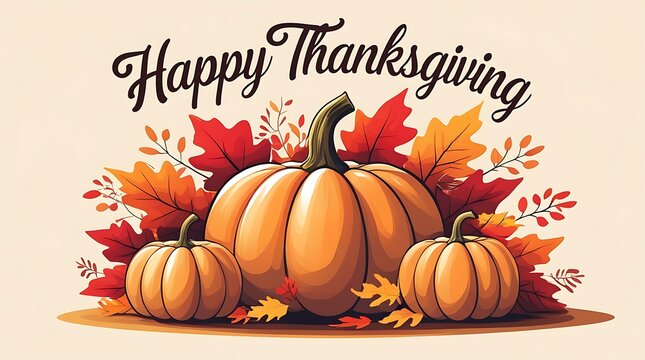 Happy thanksgiving illustration with pumpkins and colorful autumn leaves.