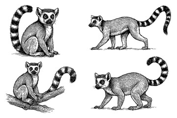 Ring tailed lemur poses in pen sketch style, Transparent Background