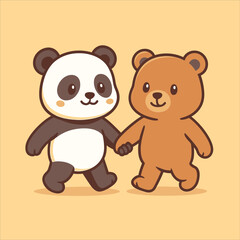 Adorable Panda and Bear Friends Holding Hands Walking Together.